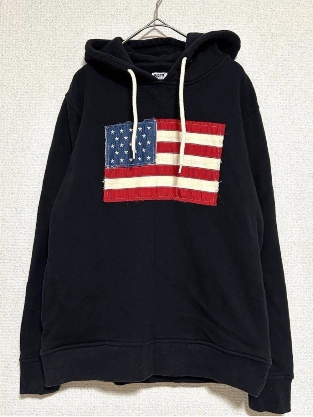 Black Hoodie with Frayed American Flag Patch - Unbranded